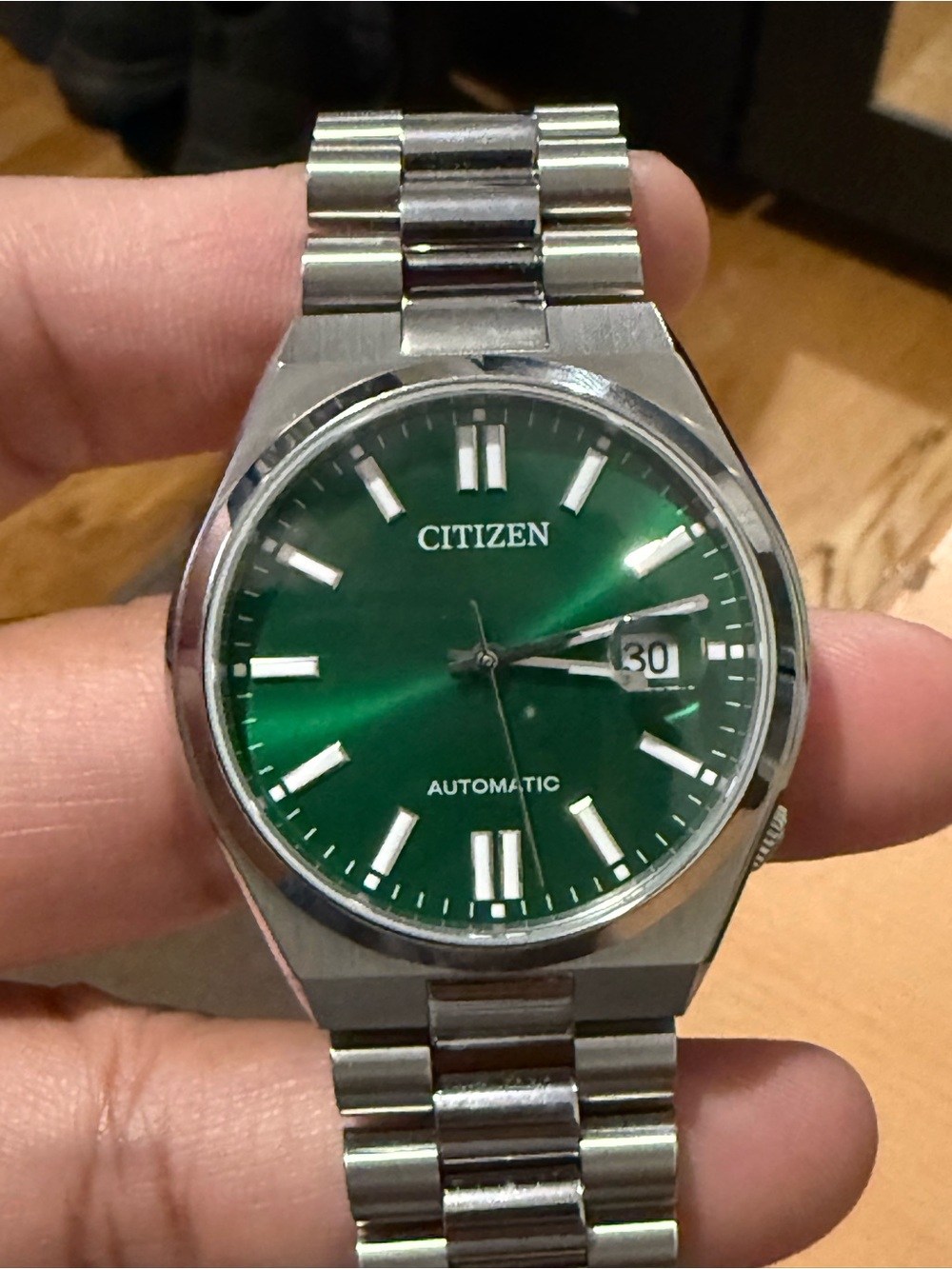 Citizen Men's Watch with Green Sunburst Dial and Silver Bracelet